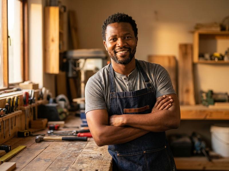Joe, owner of HandyMan Joe Services, smiling confidently in his workshop with arms crossed